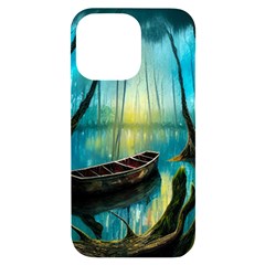 Swamp Bayou Rowboat Sunset Landscape Lake Water Moss Trees Logs Nature Scene Boat Twilight Quiet Iphone 14 Pro Max Black Uv Print Case by Grandong