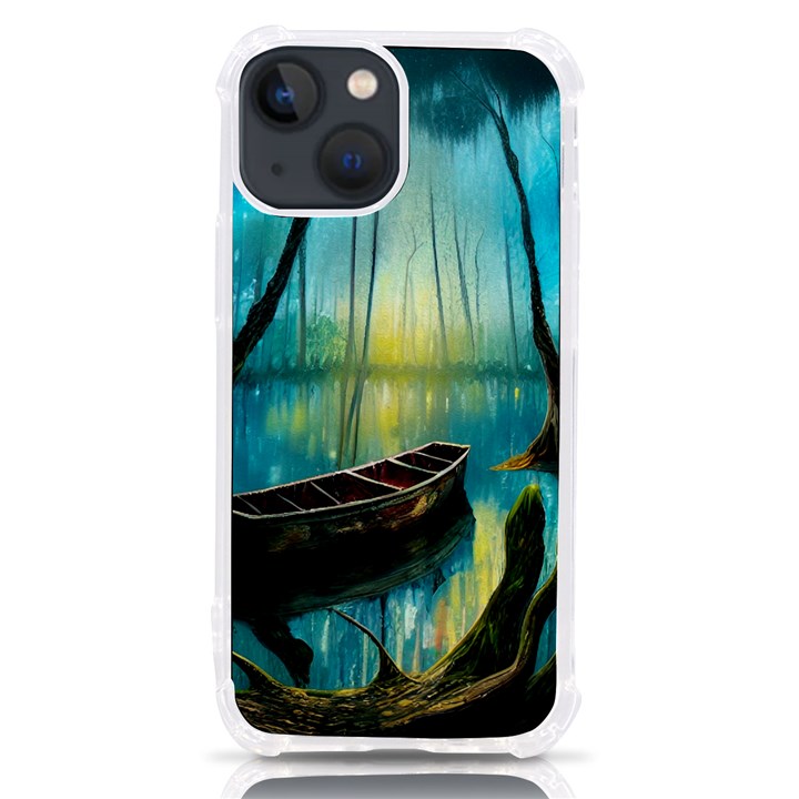 Swamp Bayou Rowboat Sunset Landscape Lake Water Moss Trees Logs Nature Scene Boat Twilight Quiet iPhone 13 mini TPU UV Print Case