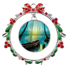 Swamp Bayou Rowboat Sunset Landscape Lake Water Moss Trees Logs Nature Scene Boat Twilight Quiet Metal X mas Wreath Ribbon Ornament by Grandong