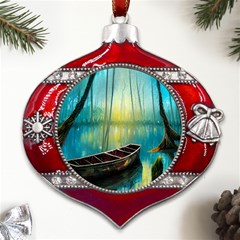 Swamp Bayou Rowboat Sunset Landscape Lake Water Moss Trees Logs Nature Scene Boat Twilight Quiet Metal Snowflake And Bell Red Ornament by Grandong