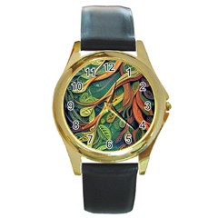 Outdoors Night Setting Scene Forest Woods Light Moonlight Nature Wilderness Leaves Branches Abstract Round Gold Metal Watch by Grandong