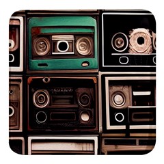 Retro Electronics Old Antiques Texture Wallpaper Vintage Cassette Tapes Retrospective Square Glass Fridge Magnet (4 Pack) by Grandong