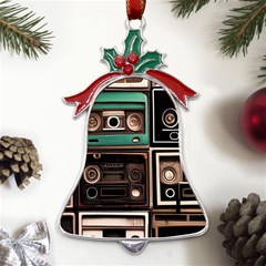 Retro Electronics Old Antiques Texture Wallpaper Vintage Cassette Tapes Retrospective Metal Holly Leaf Bell Ornament by Grandong