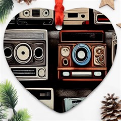 Retro Cameras Old Vintage Antique Technology Wallpaper Retrospective Heart Ornament (two Sides) by Grandong