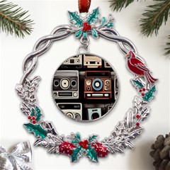 Retro Cameras Old Vintage Antique Technology Wallpaper Retrospective Metal X mas Wreath Holly Leaf Ornament by Grandong