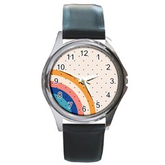 Abstract Geometric Bauhaus Polka Dots Retro Memphis Rainbow Round Metal Watch