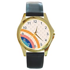 Abstract Geometric Bauhaus Polka Dots Retro Memphis Rainbow Round Gold Metal Watch