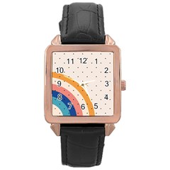 Abstract Geometric Bauhaus Polka Dots Retro Memphis Rainbow Rose Gold Leather Watch 