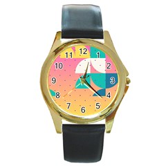 Abstract Geometric Bauhaus Polka Dots Retro Memphis Art Round Gold Metal Watch by Maspions