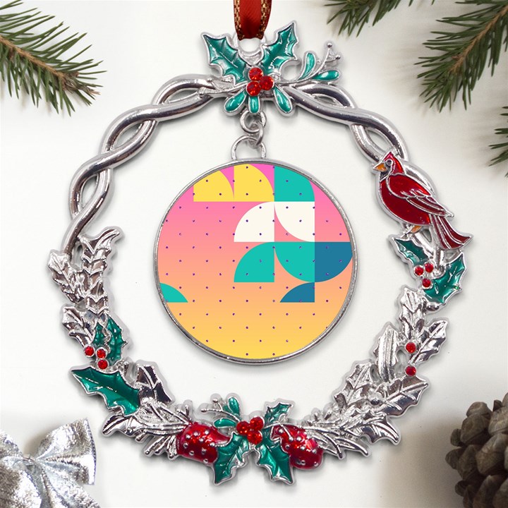 Abstract Geometric Bauhaus Polka Dots Retro Memphis Art Metal X mas Wreath Holly leaf Ornament