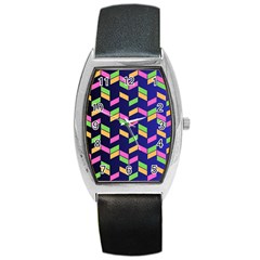 Background Pattern Geometric Pink Yellow Green Barrel Style Metal Watch