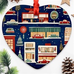 Cars Snow City Landscape Vintage Old Time Retro Pattern Ornament (heart)