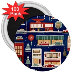 Cars Snow City Landscape Vintage Old Time Retro Pattern 3  Magnets (100 Pack) by Maspions