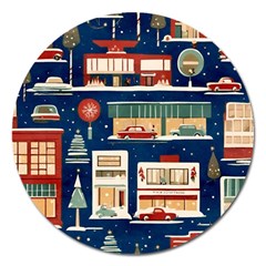 Cars Snow City Landscape Vintage Old Time Retro Pattern Magnet 5  (round) by Maspions