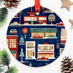 Cars Snow City Landscape Vintage Old Time Retro Pattern Round Ornament (two Sides) by Maspions