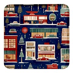 Cars Snow City Landscape Vintage Old Time Retro Pattern Square Glass Fridge Magnet (4 Pack) by Maspions