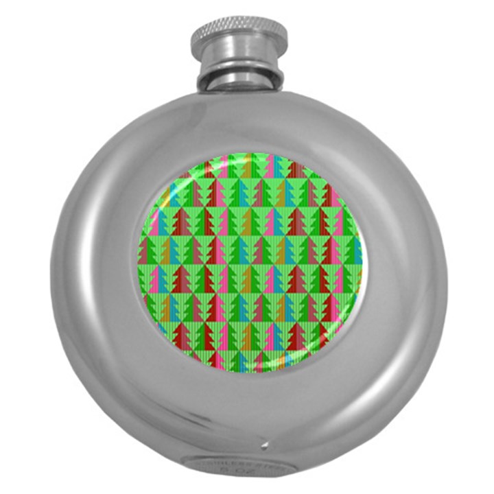 Trees Pattern Retro Pink Red Yellow Holidays Advent Christmas Round Hip Flask (5 oz)