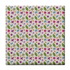 Pattern Flowers Leaves Green Purple Pink Tile Coaster