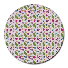 Pattern Flowers Leaves Green Purple Pink Round Mousepad