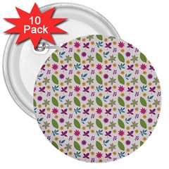 Pattern Flowers Leaves Green Purple Pink 3  Buttons (10 Pack) 