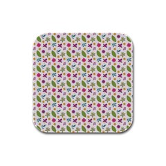 Pattern Flowers Leaves Green Purple Pink Rubber Square Coaster (4 Pack)