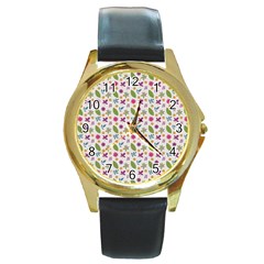 Pattern Flowers Leaves Green Purple Pink Round Gold Metal Watch by Maspions