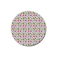 Pattern Flowers Leaves Green Purple Pink Rubber Round Coaster (4 Pack)