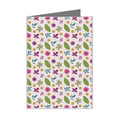 Pattern Flowers Leaves Green Purple Pink Mini Greeting Card