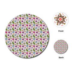 Pattern Flowers Leaves Green Purple Pink Playing Cards Single Design (round)