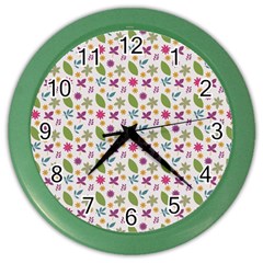 Pattern Flowers Leaves Green Purple Pink Color Wall Clock