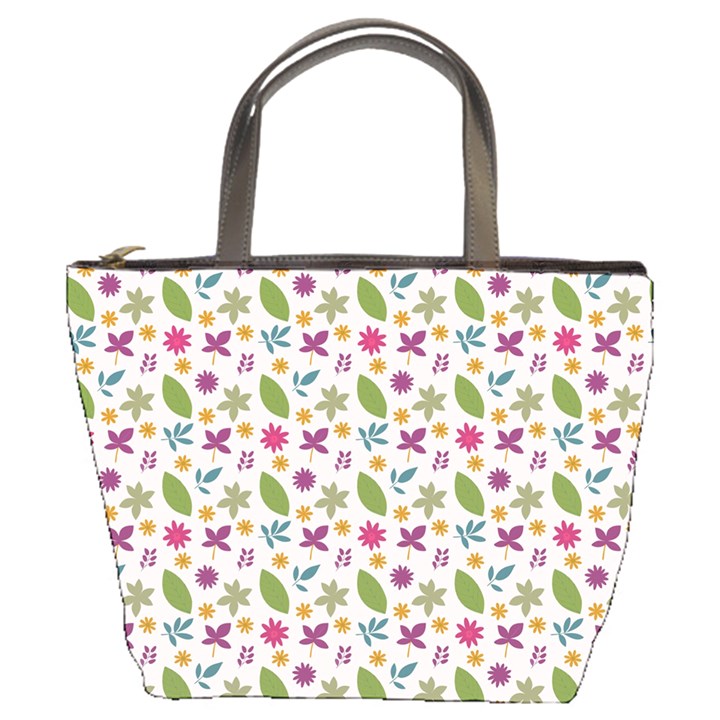 Pattern Flowers Leaves Green Purple Pink Bucket Bag