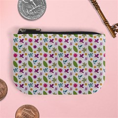 Pattern Flowers Leaves Green Purple Pink Mini Coin Purse