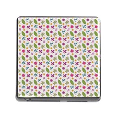 Pattern Flowers Leaves Green Purple Pink Memory Card Reader (square 5 Slot)