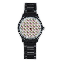 Pattern Flowers Leaves Green Purple Pink Stainless Steel Round Watch by Maspions