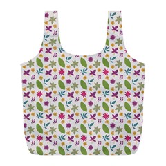 Pattern Flowers Leaves Green Purple Pink Full Print Recycle Bag (l)