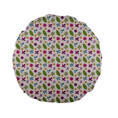 Pattern Flowers Leaves Green Purple Pink Standard 15  Premium Flano Round Cushions