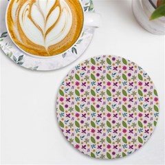 Pattern Flowers Leaves Green Purple Pink Uv Print Round Tile Coaster