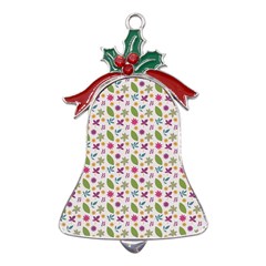 Pattern Flowers Leaves Green Purple Pink Metal Holly Leaf Bell Ornament by Maspions