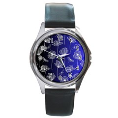 Pattern Floral Leaves Botanical White Flowers Round Metal Watch