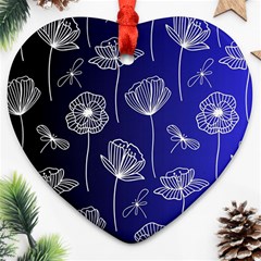 Pattern Floral Leaves Botanical White Flowers Heart Ornament (two Sides)