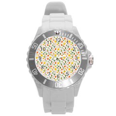 Background Pattern Flowers Leaves Autumn Fall Colorful Leaves Foliage Round Plastic Sport Watch (l) by Maspions