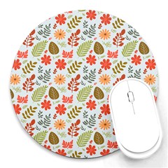 Background Pattern Flowers Design Leaves Autumn Daisy Fall Round Mousepad by Maspions