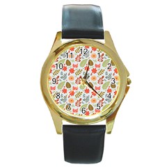 Background Pattern Flowers Design Leaves Autumn Daisy Fall Round Gold Metal Watch