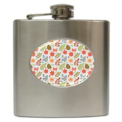 Background Pattern Flowers Design Leaves Autumn Daisy Fall Hip Flask (6 Oz)