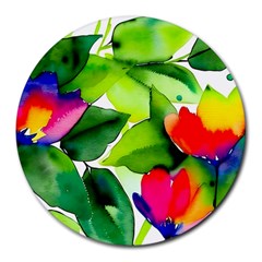 Watercolor Flowers Leaves Foliage Nature Floral Spring Round Mousepad by Maspions