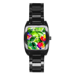 Watercolor Flowers Leaves Foliage Nature Floral Spring Stainless Steel Barrel Watch by Maspions