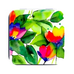 Watercolor Flowers Leaves Foliage Nature Floral Spring Square Metal Box (black) by Maspions