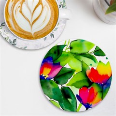 Watercolor Flowers Leaves Foliage Nature Floral Spring Uv Print Round Tile Coaster