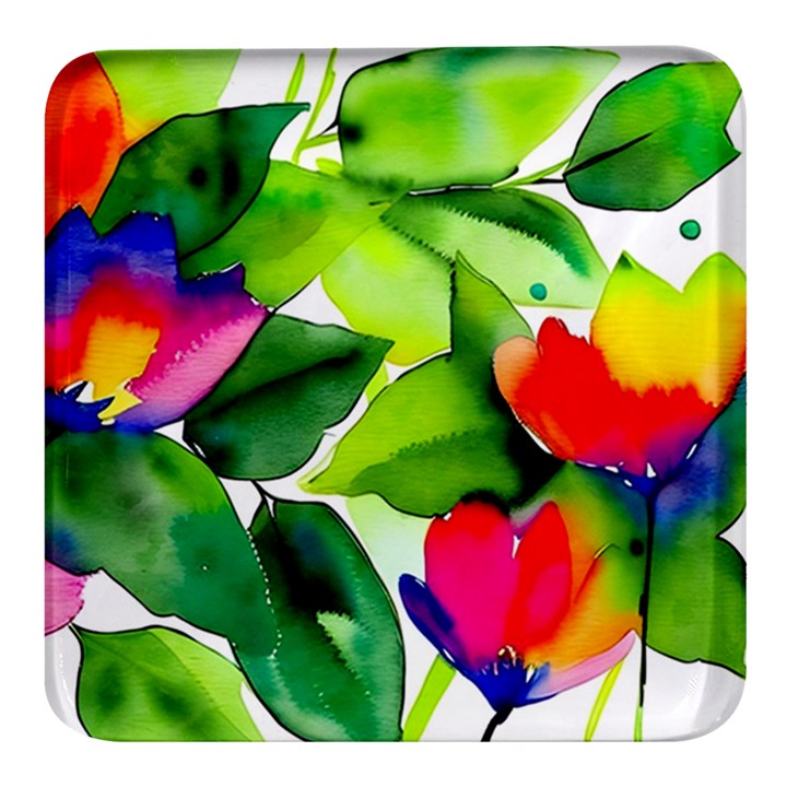 Watercolor Flowers Leaves Foliage Nature Floral Spring Square Glass Fridge Magnet (4 pack)