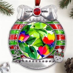 Watercolor Flowers Leaves Foliage Nature Floral Spring Metal X mas Ribbon With Red Crystal Round Ornament by Maspions